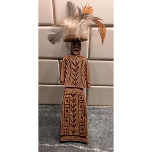 Vintage Mexican Tarahumara Hand-Carved Wood Doll w/ Feathers & Hair – 7.5"